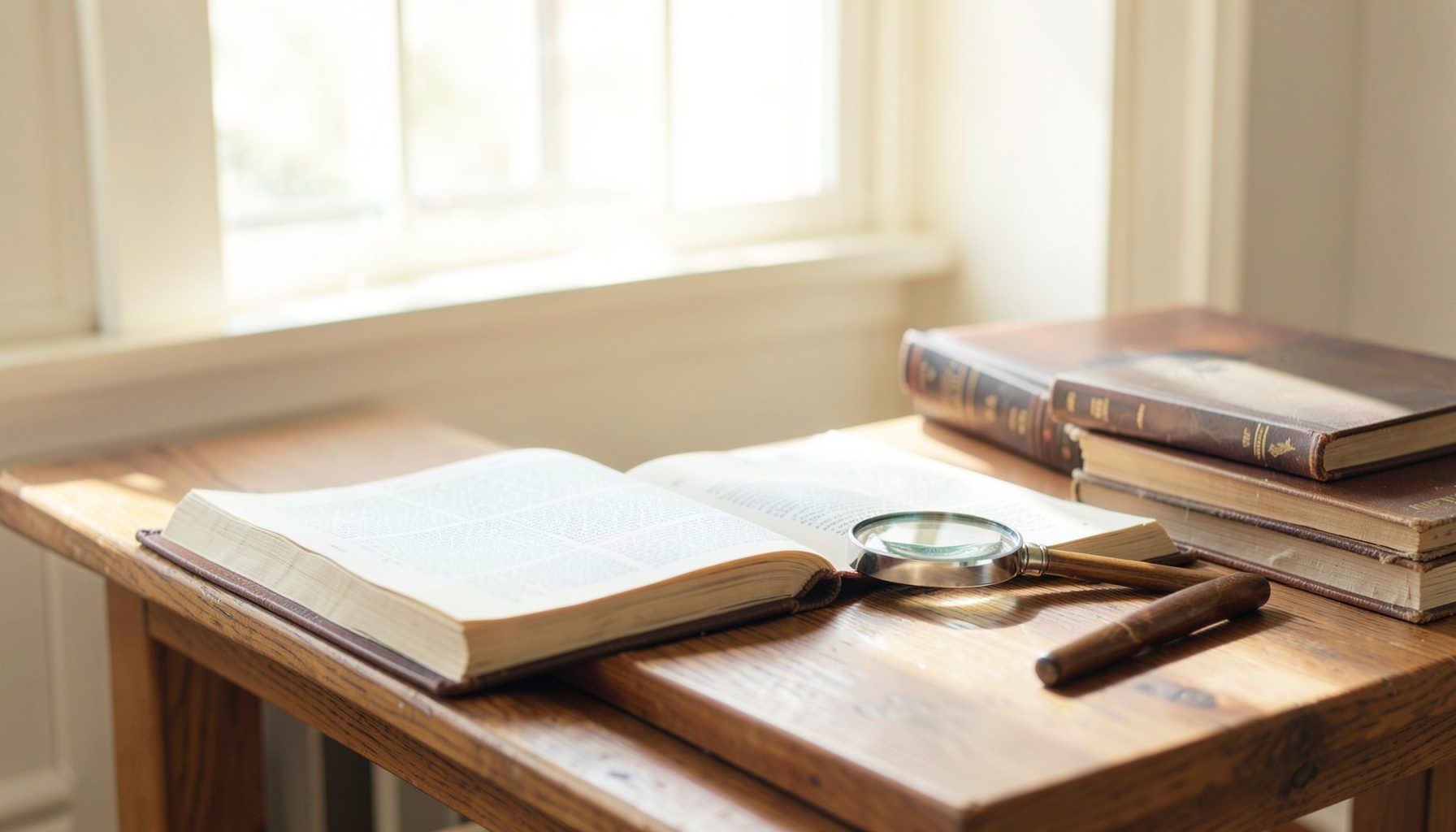 A wooden library table with an open leather-bound Bible, a magnifying glass, and several reference books stacked nearby, bathed in warm natural window light with soft cream and brown tones.