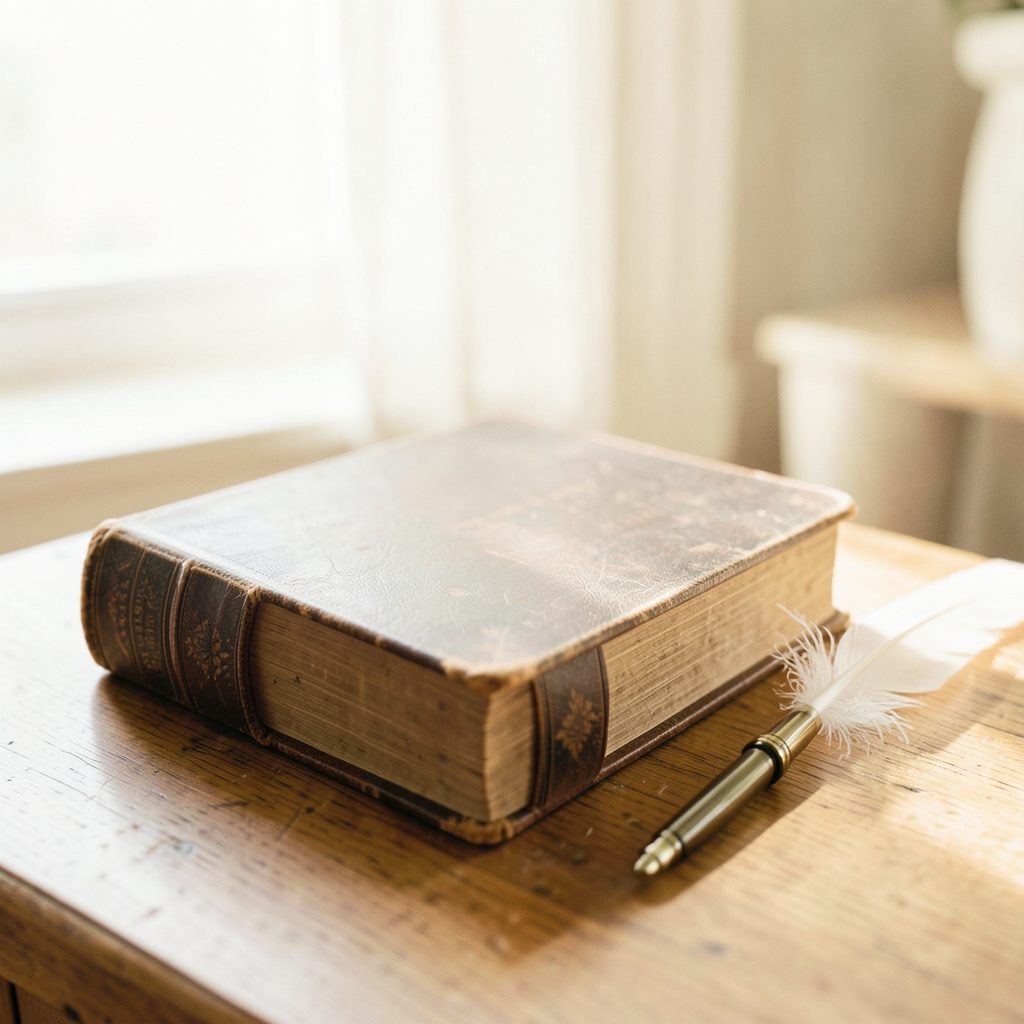 A vintage leather-bound Bible resting on a wooden desk beside a quill pen, illuminated by soft window light, with warm sepia and cream tones.