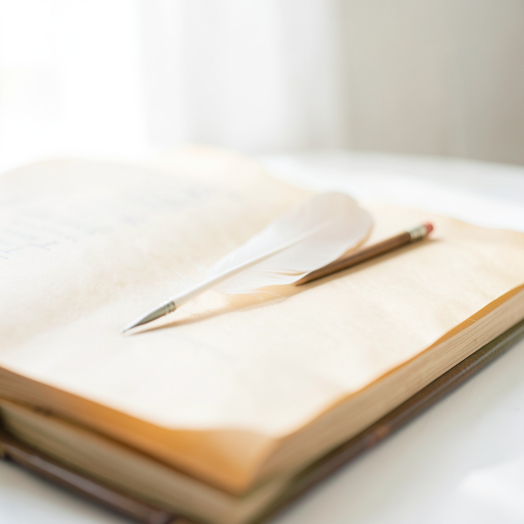 A simple quill pen resting on an open journal, warm parchment tones, soft daylight