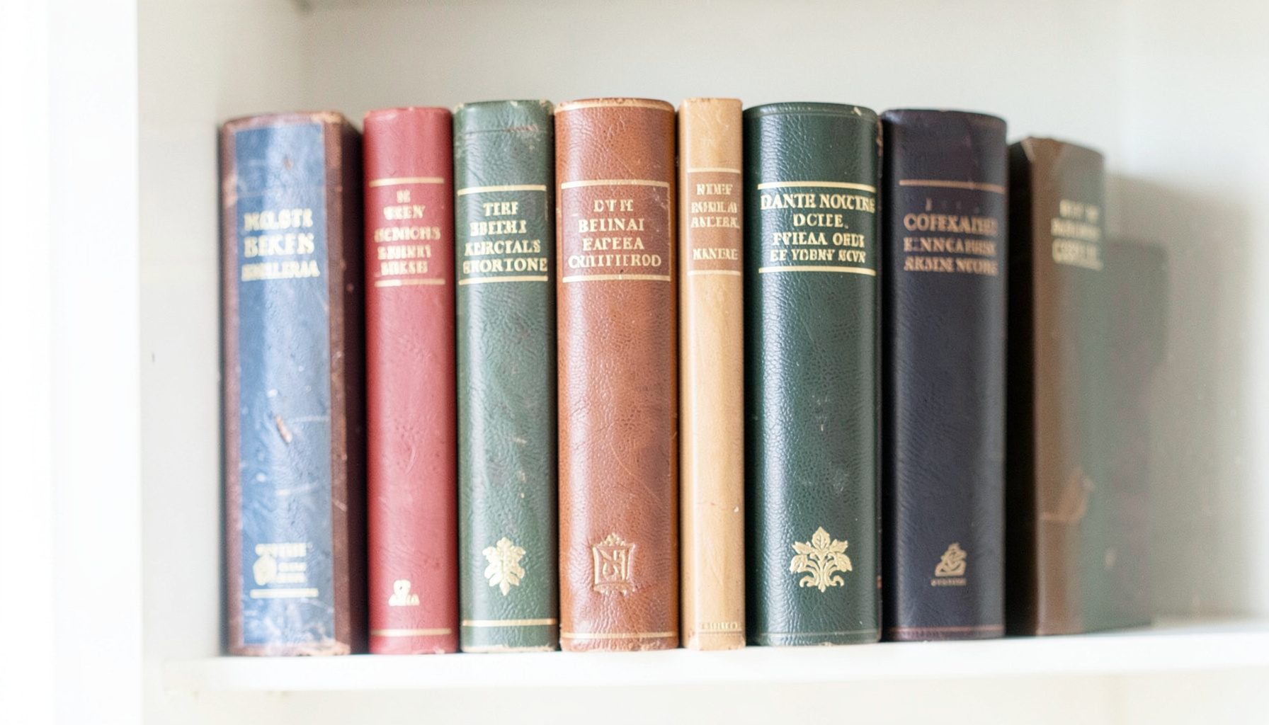 A row of several leather-bound Bibles of varying sizes and colors on a shelf, spines showing gold lettering, soft ambient light