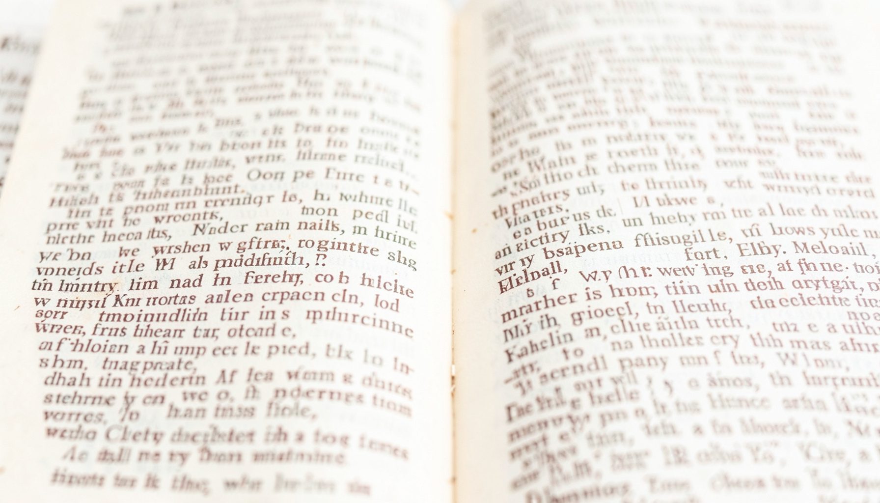 A close-up of aged printed Bible pages with dense two-column text, cream paper with slight yellowing, muted brown ink